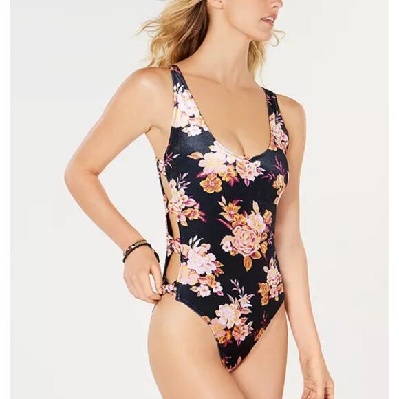 Volcom Cutout Side One-Piece Swimsuit Garden Variety Black Floral Juniors Medium - Picture 1 of 10